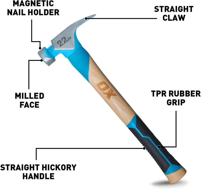 Ox Tools Pro 22oz Straight Hickory Handle Hammer with TPR Rubber Hands Grip - Hickory Framer with Magnetic Nail Starter Milled Face Nail Puller Carpenter Hammer -P089322 - Image 2